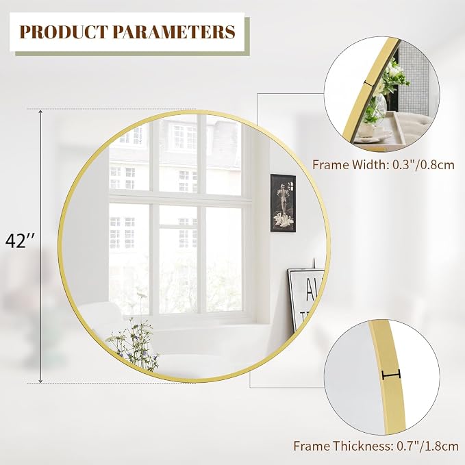 BEAUTYPEAK 42 Inch Round Mirror, Metal Frame Circle Mirror, Wall Mounted - Image 5
