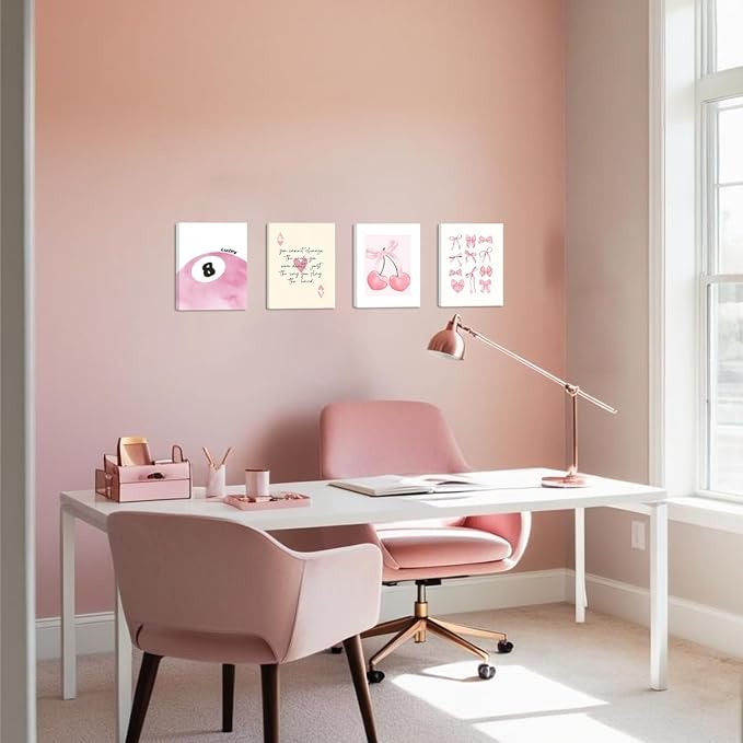 SEHSUVC Pink Coquette Y2K Lucky Wall Art Set of 4, Preppy Aesthetic Canvas - Image 4