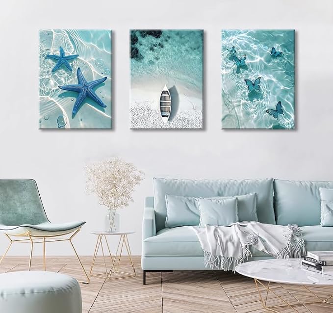 Ocean Wall Art Beach Canvas Print Starfish Shell on Teal Board Paintings - Image 2