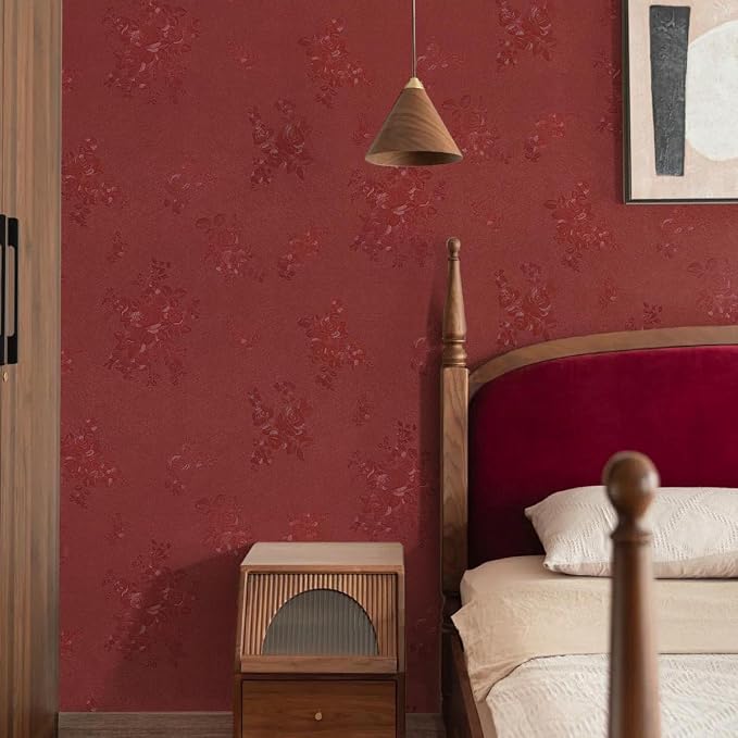 Dark Red Peel and Stick Wallpaper Textured Embossed Floral Contact Paper Peel - Image 2