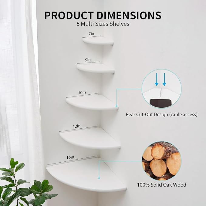 Gieanoo White Corner Wall Shelf 16inch Solid Oak Wood Floating Corner Shelf - Image 5