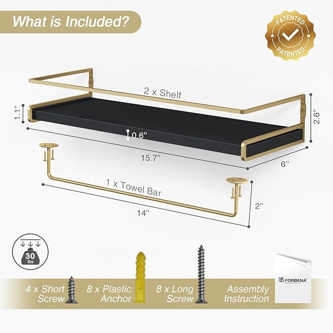 Forbena Black and Gold Bathroom Floating Shelves - Image 3
