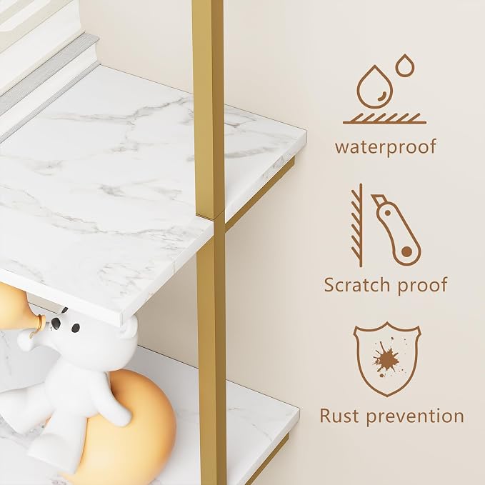 aboxoo Ladder Shelf 2PCS White Marble Bookshelf 5-Tier Wall-Mounted Wood Rack - Image 9