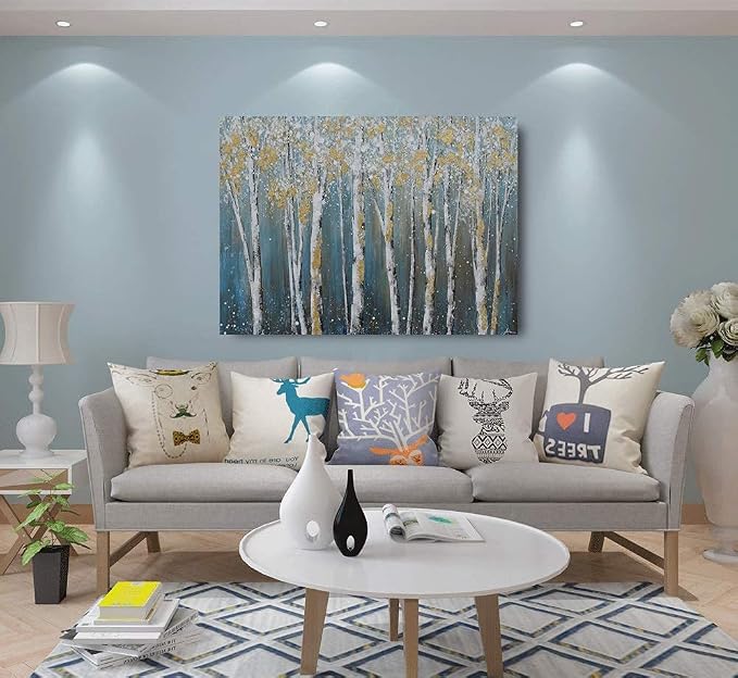 Yihui Arts Birch Tree Canvas Wall Art Hand Painted Teal and White Color Painting - Image 4