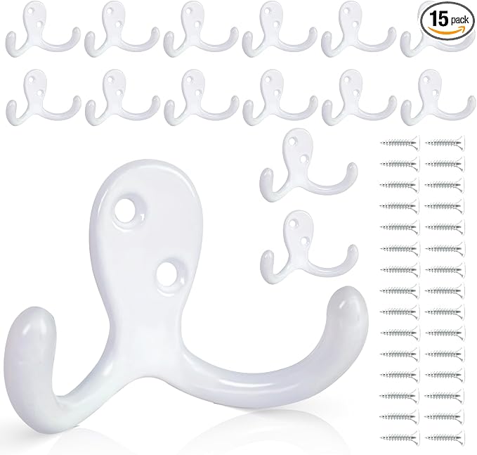 15Pack Coat Hooks Wall Hooks for Hanging, Heavy Duty Double Prong Metal Hook by CBWLWJ