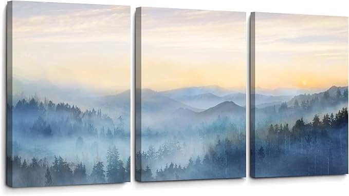 Wall Decor for Bedroom 3 Panel Sunrise Misty Forest Print Picture Paintings by YJYart