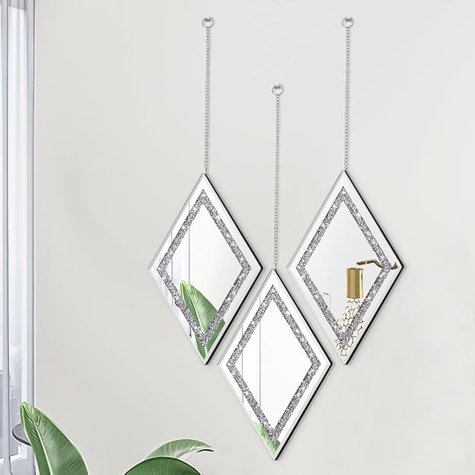 Pibeyer Silver Diamond Shaped Wall Mirror Set of 3, Decorative Crystal Crush - Image 2
