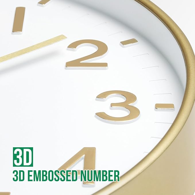 Wall Clock 12 Inch White-Gold Modern Simple Quartz Decorative Clock Non-Ticking - Image 6