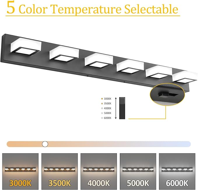 Ralbay Black Bathroom Lights Fixtures Dimmable 5 Color Temperature Black - Image 2