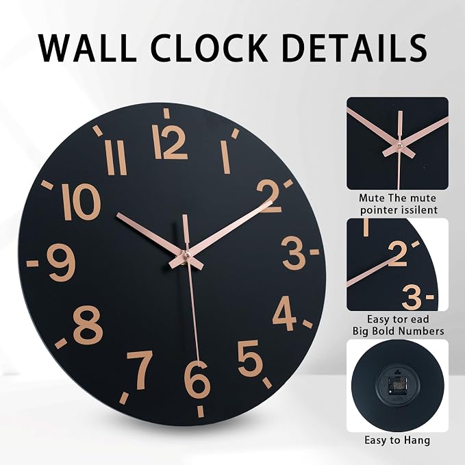 HZDHCLH Wall Clock 12 Inch Silent Non Ticking Wood Battery Operated Black - Image 2