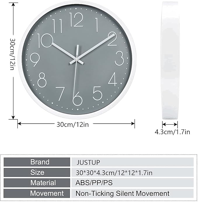 JUSTUP 12in Non-Ticking Wall Clock, Silent Battery Operated Wall Clock - Image 5