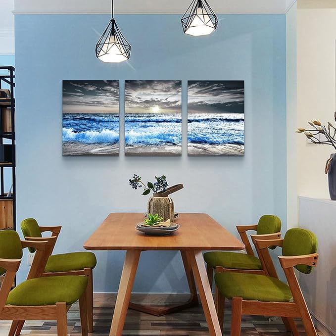 MHARTK66 3 Panel Blue Beach Canvas Wall Art - Image 3