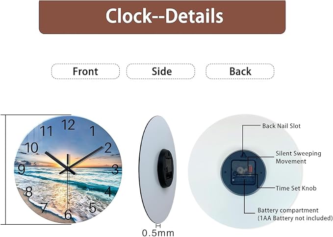Blue Beach Wall Clock for Kitchen 14 Inch Round Coastal Clocks for Walls Analog - Image 8