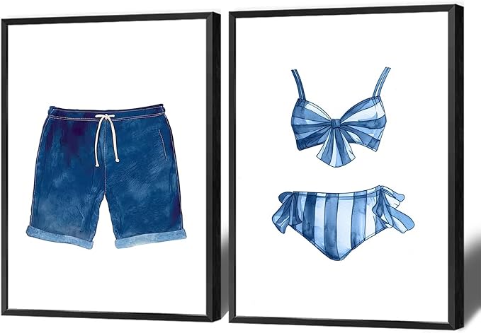 Liyark Set of 2 Retro Navy Blue And White Swimsuit Art Posters Beach Bathing by Liyark