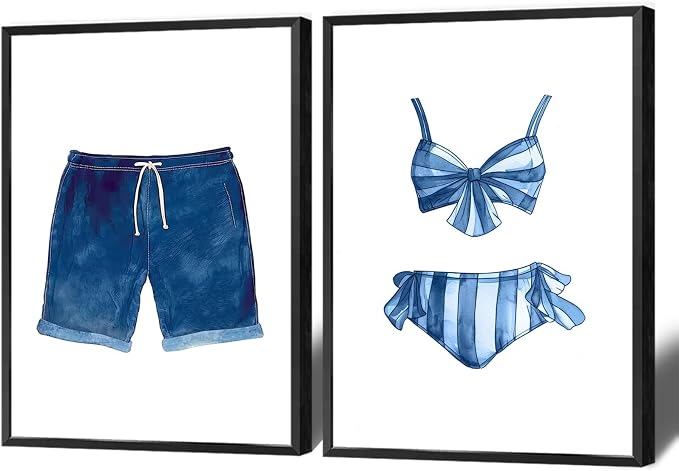 Liyark Set of 2 Retro Navy Blue And White Swimsuit Art Posters Beach Bathing by Liyark