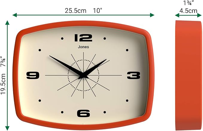 JONES CLOCKS® Movie wall Clock | Retro Rectangular Clock | 10 inch | Orange | - Image 4
