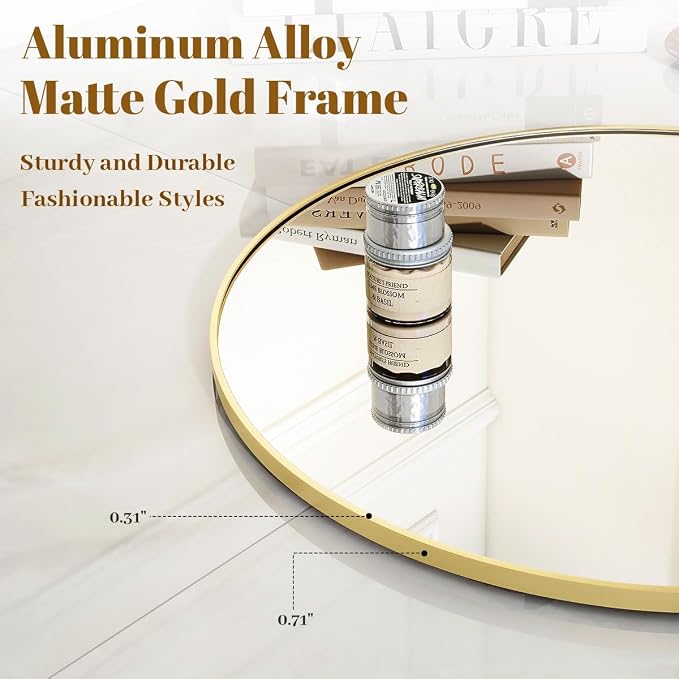 VooBang Gold Round Bathroom Mirror, 30 inch Circle Wall Mounted Hanging Mirror - Image 4