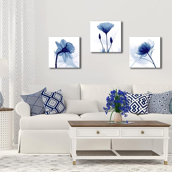 Wieco Art Blue Abstract Flowers 3 Panels Giclee Canvas Prints Wall Art Modern - Image 3