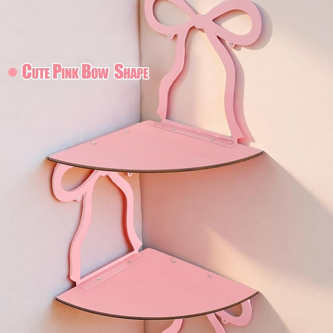 Kathfly 4 Tie Pink Bow Corner Shelf Wall Mounted Pink Floating Wood Corner - Image 4