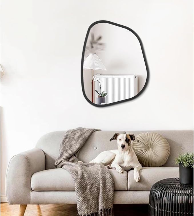 Black Asymmetrical Wall Mirror Large 20"x16" Irregular Oval Mirror Modern Wood - Image 3