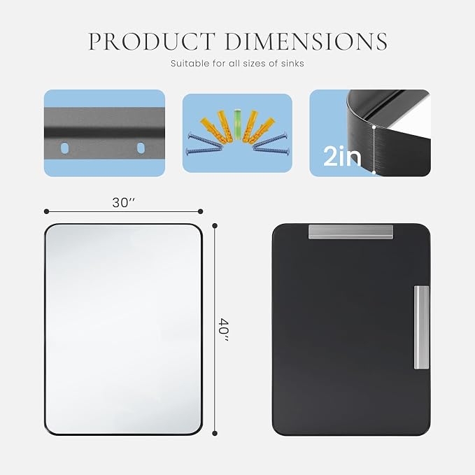 Bathroom Mirror for Wall, 40x30 Inch Rectangle Mirror, Matte Black Metal Framed - Image 6