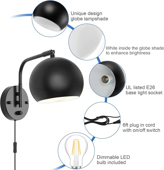 VATONI Plug in Wall Sconces, Dimmable Wall Sconce Swing Arm Wall Lights - Image 4