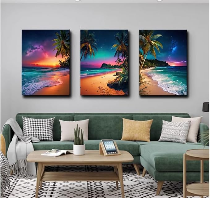 weiyiart 3-Piece Tropical Beach Wall Art, Northern Lights Ocean Sunset Canvas - Image 6