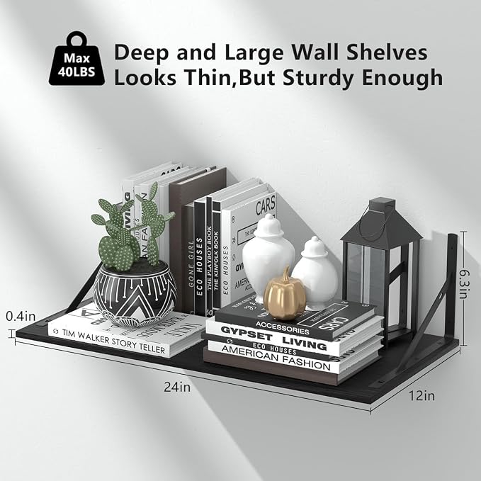 Deep Floating Shelves for Wall Set of 3, 24W x 12 Inch Deep Black Floating - Image 3