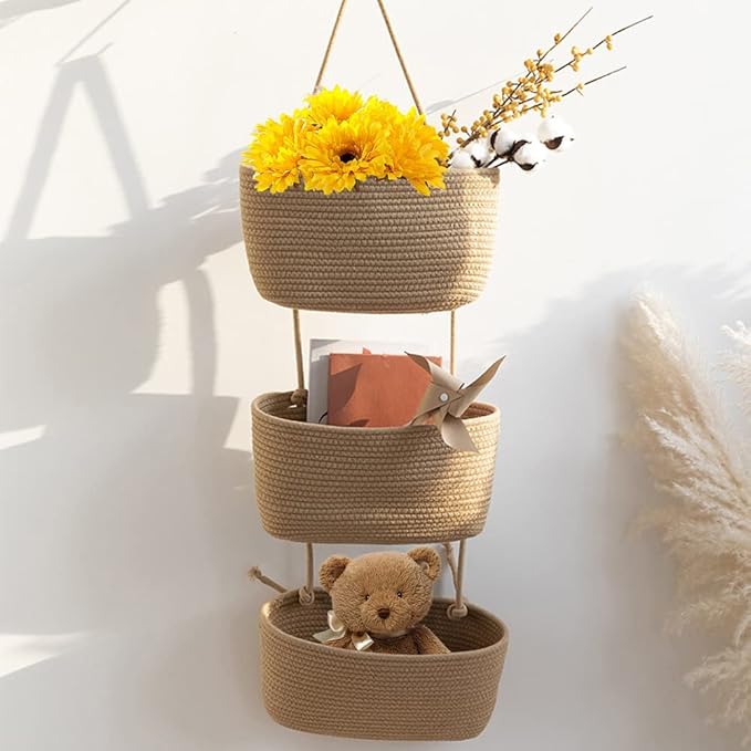 TeoKJ Over the Door Hanging Basket, 3-Tier Woven Cotton Wall-Mounted Storage - Image 7