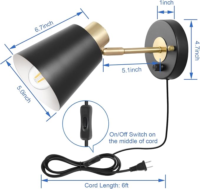 VATONI Wall Sconce Plug in, Dimmable Wall Sconces Adjustable Wall Lights - Image 5