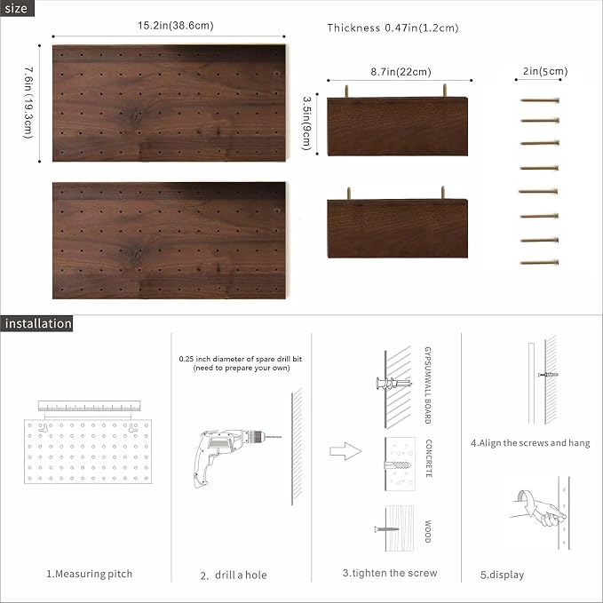 Wooden Pegboard Modular Display Organization Storage Wall Hooks Shelf 15.2in x - Image 3