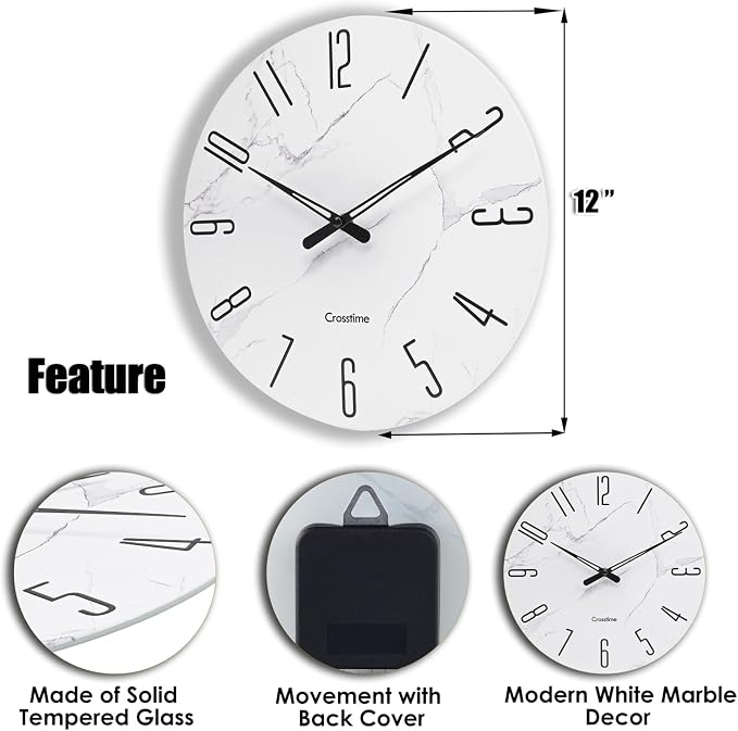 Crosstime Wall Clock White Marble Theme Modern Decorative Waterproof Glass Clock - Image 3