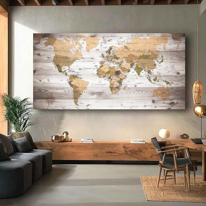 Large Wall Art grey map of The World Painting Ready to Hang 29"x58"Large Framed - Image 6