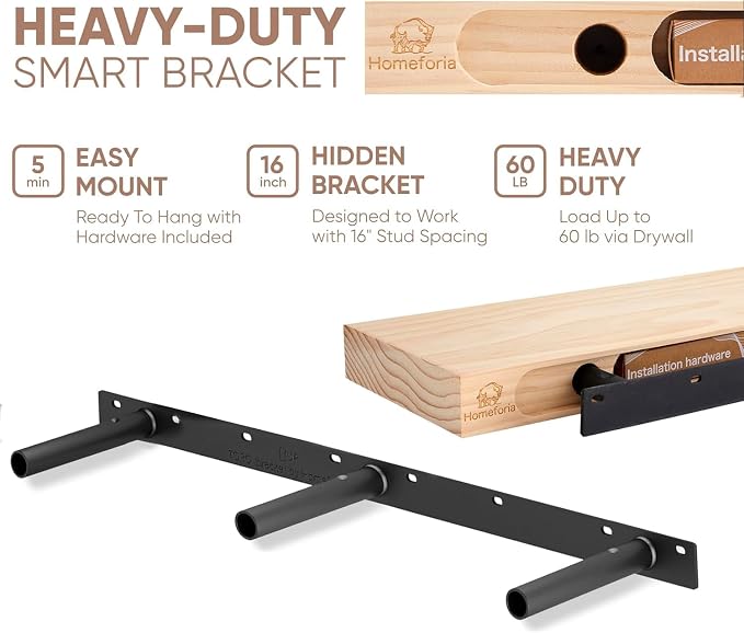 Homeforia Gray Floating Shelf 48 inch, High End Solid Real Wood 48inch Floating - Image 4