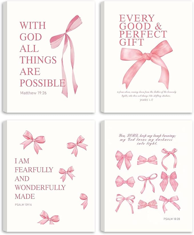 SEHSUVC Coquette Pink Bow Bible Verse Wall Art Set of 4, Christian Scripture by Unknown