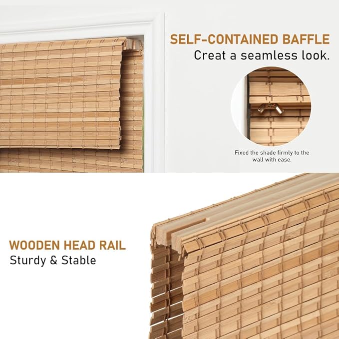 SEEYE Cordless Bamboo Roman Shades, Roll Up Blind Privacy Shade - Image 3