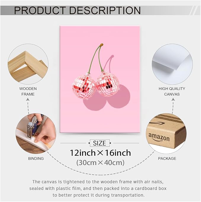 Funky Pink Cherry Poster Retro Disco Ball Canvas Wall Art 12X16 inch Framed - Image 2