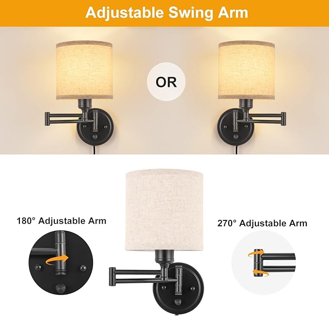 GOODATE ENCOMLI Dimmable Plug in Wall Sconces, Swing Arm Wall Lamp, Wall - Image 7