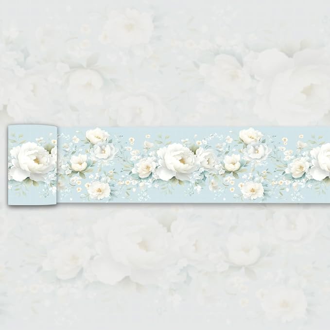 3D Floral Wallpaper Border White Peony Peel and Stick Light Blue Wall Border by WEISENI