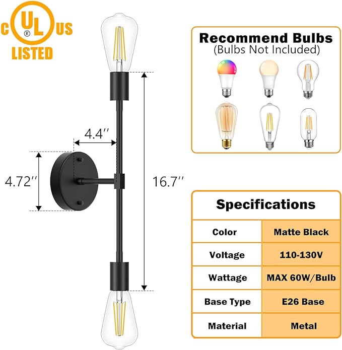 FadimiKoo 2-Light Black Bathroom Lighting Over Mirror, Modern Sconces Wall - Image 2