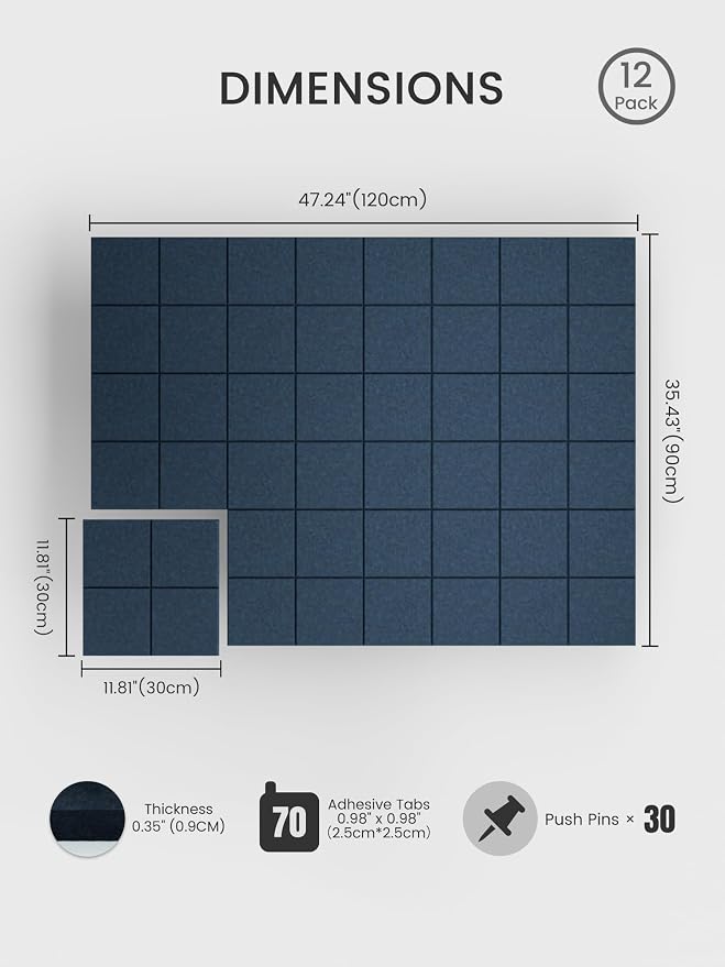 Bumusty Large Felt Bulletin Board, 30 Push Pins, 70 Adhesive Tabs - Image 2