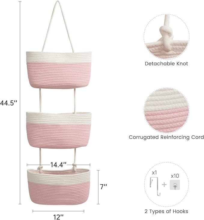 TeoKJ Over the Door Hanging Basket, 3-Tier Woven Cotton Wall-Mounted Storage - Image 2