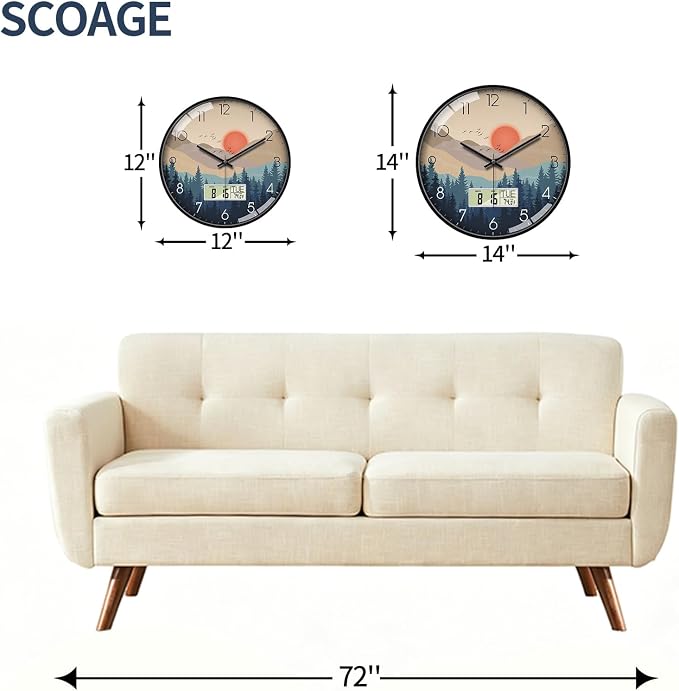 14" Silent Non-Ticking Wall Clock, Mid-Century Modern Wilderness Sunset - Image 2