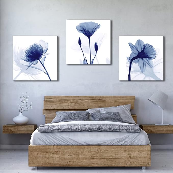 Wieco Art Blue Flowers 3 Panels Canvas Print Wall Art Modern Pictures Artwork - Image 4