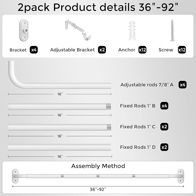2 Pack Curtain Rods 36-88 Inch, 1 Inch Adjustable Heavy Duty Room Darkening - Image 7