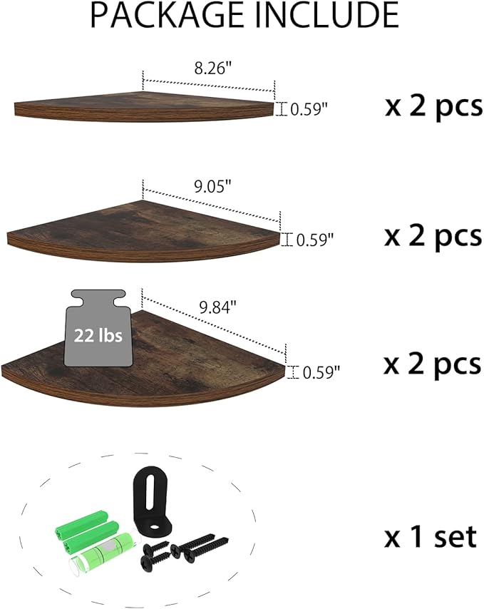 HORLIMER 6 Pack Wall Mount Floating Corner Shelf, Rustic Wood Corner Wall - Image 3