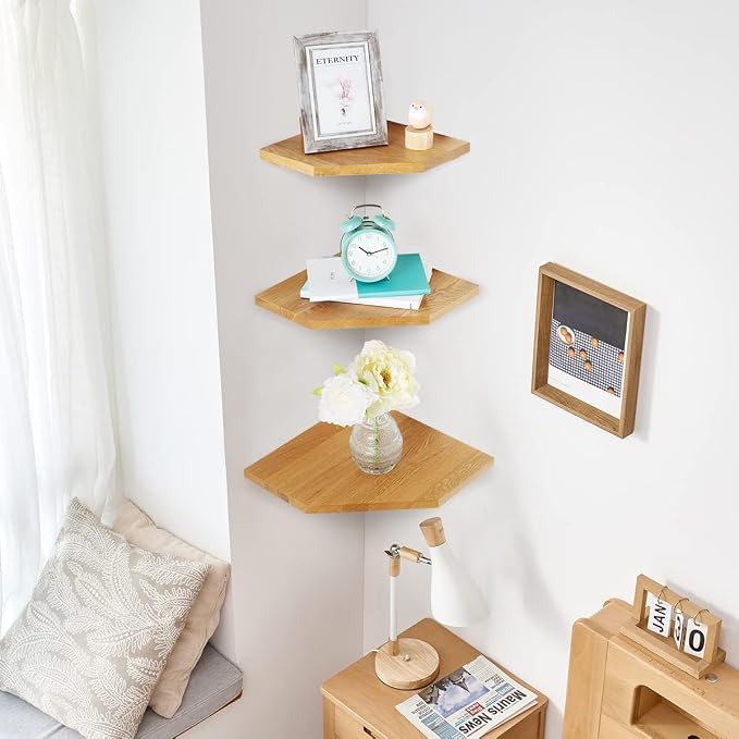 Corner Wall Shelf, Corner Floating Shelf Solid Oak Wood Display Shelf - Image 2