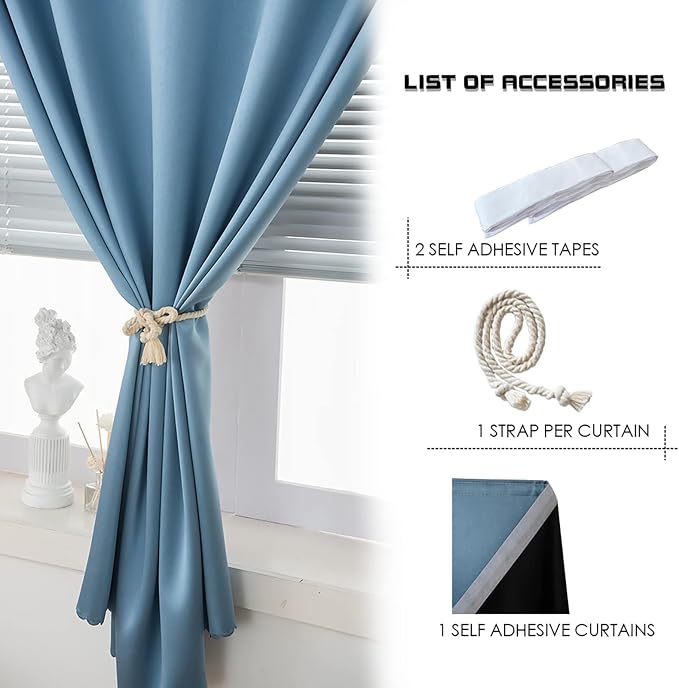 AJAZZ 100% Black Out Curtains Adhesive Blackout Temporary Curtain Rod No - Image 2