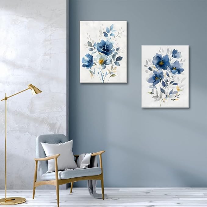 KISSFOX Framed Colorful Wildflower Blue Canvas Wall Art Set Of 3 Flowers - Image 6