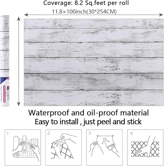 Arthome 11 x 100 inches White Gray, Peel and Stick Wallpaper, Wood Contact Paper - Image 7